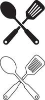 Crossed kitchen spatula and spoon utensils silhouette and line art vector