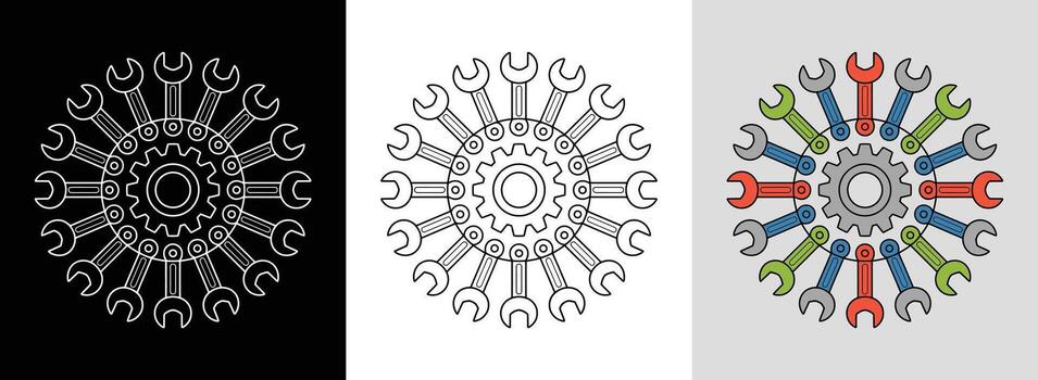 A set of four different colored wrenches in a circle vector