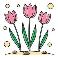 Pink tulips with yellow circles green leaves nature vector