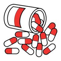 Scattered red and white capsules spilling from container vector