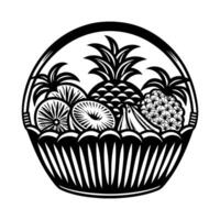 Black and White Fruit Basket Illustration Pineapple Kiwi Oranges Palm vector