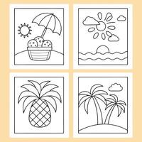 Four Summer Coloring Pages Beach Pineapple Sun coloring book vector