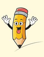 Happy Cartoon Pencil Character with Waving Hands Drawing a Line on Cream Background vector