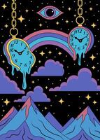 Surreal Melting Clocks with Cosmic Rainbow and Mountains Psychedelic Art vector