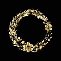 golden wreath with flowers and leaves on a black background. vector