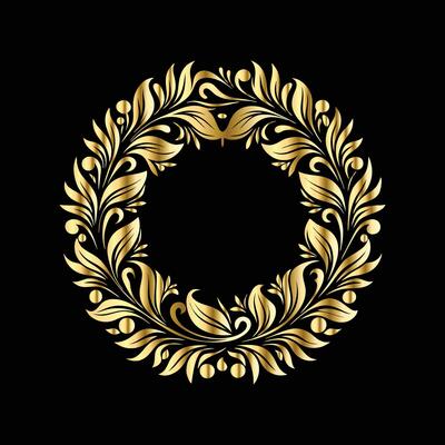 golden laurel wreath on black background. Gold vintage frame