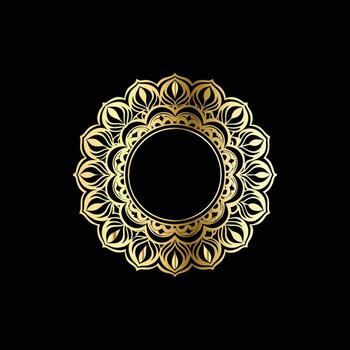 golden circular frame with floral pattern on black background vector