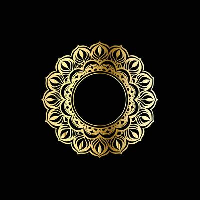 golden circular frame with floral pattern on black background