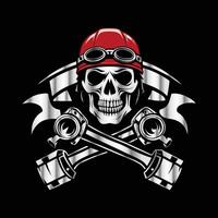skull with red helmet and wrenches on black background. vector