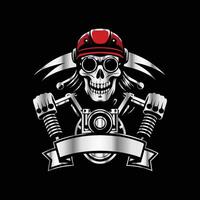 skull with motorcycle helmet and red ribbon on black background vector