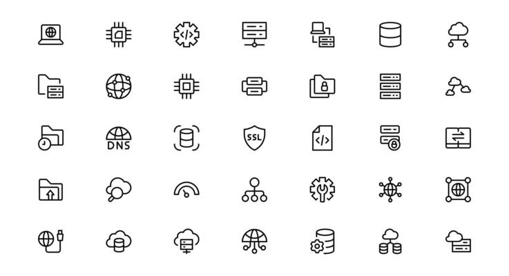 Icon Pack for Web Hosting Including Server Management, Cloud Hosting, Domains, Security, and Web Infrastructure Tools for Digital Assets