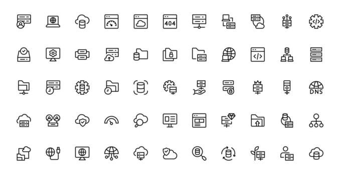 Icon Collection for Web Hosting Including Server Management, Cloud Hosting, Domains, Security, and Web Infrastructure Tools vector