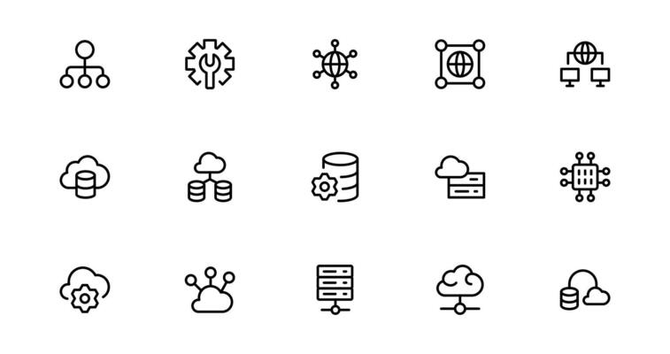 Web Hosting icon set Including Server Management, Cloud Hosting, Domains, Security, and Web Infrastructure Tools for Digital Assets