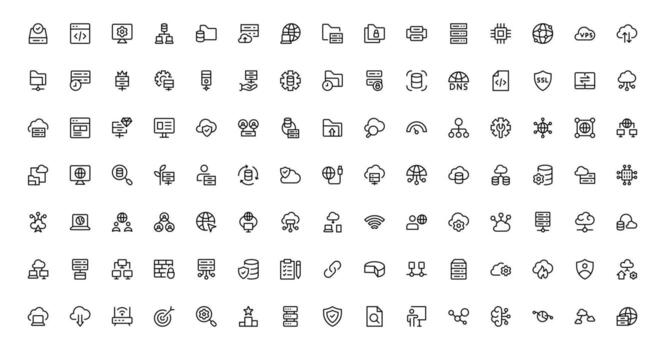 Icons Package for Web Hosting Including Server Management, Cloud Hosting, Domains, Security, and Web Infrastructure Tools for Digital Assets vector