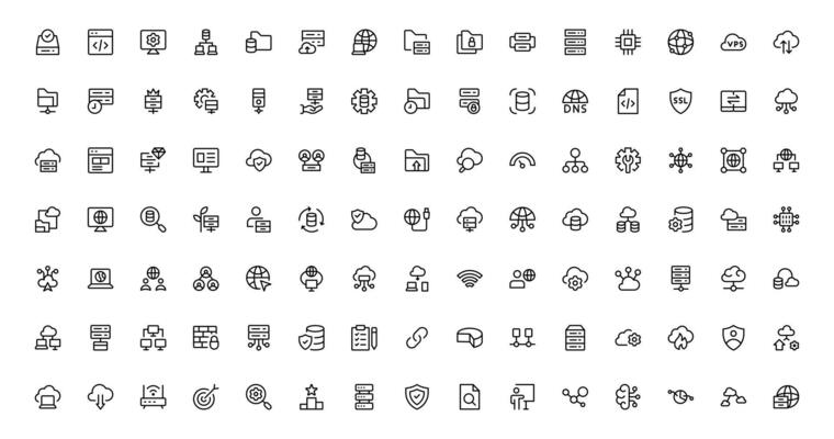 Icons Package for Web Hosting Including Server Management, Cloud Hosting, Domains, Security, and Web Infrastructure Tools for Digital Assets