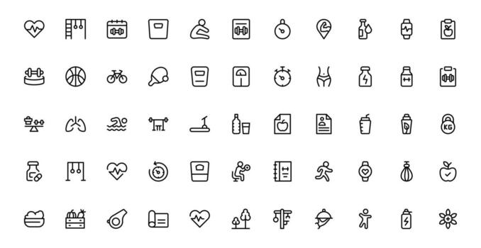 moderno gimnasio y aptitud íconos exhibiendo mancuernas, músculos, rutinas, culturismo, y activo estilo de vida en un optimizado para SEO formato vector