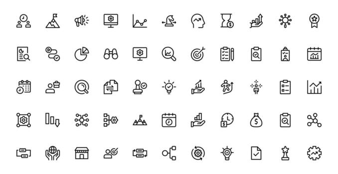 Professional Business Strategy Icon Set Featuring Planning, Analysis, Goals, Innovation, and Growth in a Clean Minimal Style vector
