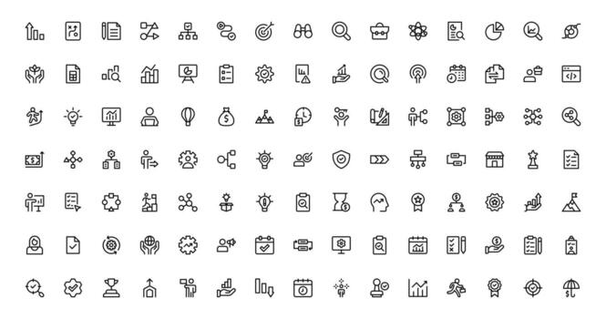 Professional Business Strategy Icons Set Package Featuring Planning, Analysis, Goals, Innovation, and Growth in a Clean Minimal Style vector