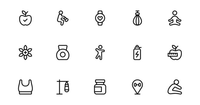 moderno gimnasio y aptitud íconos exhibiendo mancuernas, músculos, rutinas, culturismo, y activo estilo de vida en un optimizado para SEO conjunto diseño vector