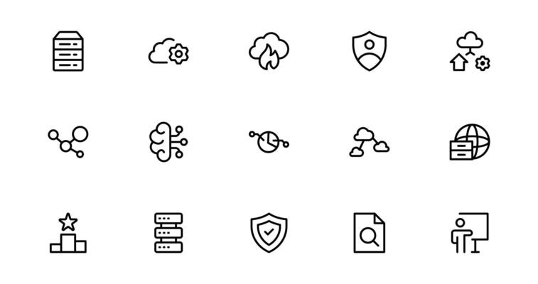 Icons Collection for Web Hosting Including Server Management, Cloud Hosting, Domains, Security, and Web Infrastructure Tools for Digital Assets