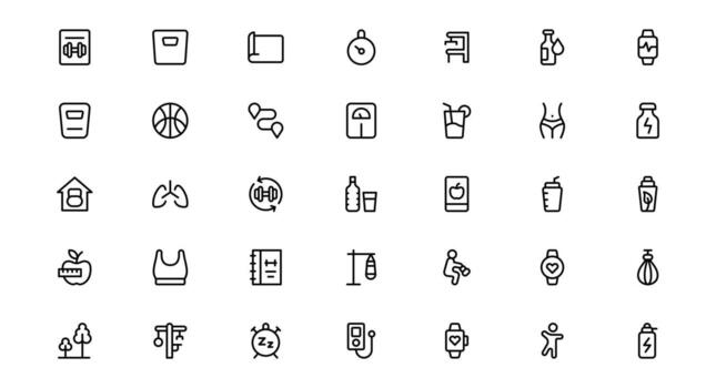 Modern Gym and Fitness Icons Showcasing Dumbbells, Muscles, Routines, Bodybuilding, and Active Lifestyle in an SEO-Optimized icon set vector