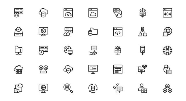 Icon Collection set for Web Hosting Including Server Management, Cloud Hosting, Domains, Security, and Web Infrastructure Tools for Digital Assets vector