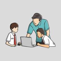 Teacher and Students Learning with a Laptop vector