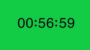 Black numeric timer counts down from 60 seconds on a solid green screen background. Ideal for chroma keying in projects needing a precise, urgent time element. video