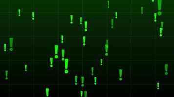 Animated Abstract Digital Background with Dynamic Green Exclamation Marks and Dots on a Grid Pattern, Representing Alerts or System Activity video