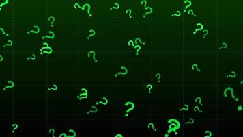 néon verde questão marcas aleatoriamente disperso sobre uma escuro, com linhas de grade fundo, evocando mistério, quebra-cabeças, digital inquéritos, dados questões, e relacionado com tecnologia incertezas.resumo animação apresentando video