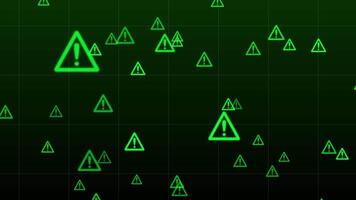 Glowing green caution and warning triangles scattered across a dark, grid-patterned background, representing alerts, cybersecurity threats, risks, and digital system errors.Animated Green Warning Tria video