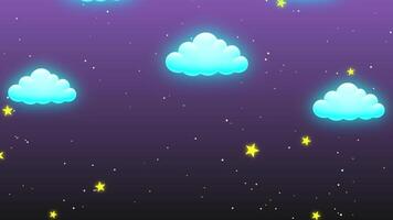 Animated Night Sky Background with Colorful Cartoon Clouds and Twinkling Stars,Whimsical cartoon clouds in various pastel colors and sparkling yellow stars against a deep blue night sky, creating video