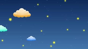 Whimsical cartoon clouds in various pastel colors and sparkling yellow stars against a deep blue night sky, creating a peaceful and dreamy background for children's content or calm themes.Animated Nig video
