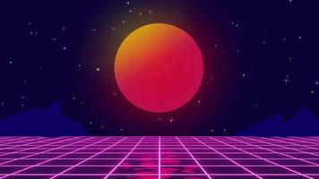 Landscape Animation Loop Giant Sun, Neon Grid, Mountains, and Stars - Classic Aesthetic Background Visual, retro-futuristic landscape with a large, gradient sunset over a glowin video