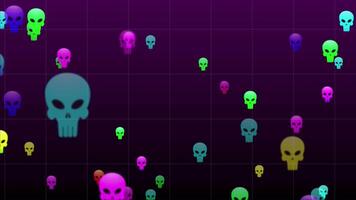 Scattered, colorful, glowing skull icons on a dark, grid-lined background, symbolizing digital threats, cybercrime, viruses, gaming, and edgy abstract concepts.Animated display of vibrant, floating sk video