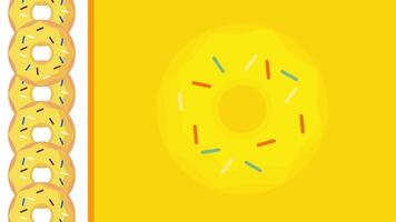 A yellow glazed donut topped with colorful rainbow sprinkles on a soft yellow background featuring a left-hand vertical donut stripe layout. video
