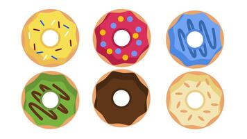 A colorful arrangement of donuts in various icing styles and colors displayed neatly on a white background, symbolizing diversity in flavor and fun video
