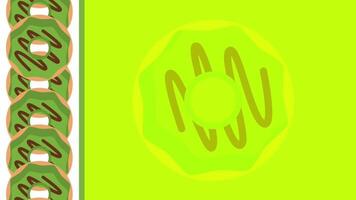 A neon green frosted donut centered over a bright yellow-green background with vertical donut strip to the left, blending vivid tones and texture. video