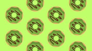 A vibrant green-themed repeating pattern of donuts topped with chocolate drizzle, creating a bold and visually rich dessert background design element. video