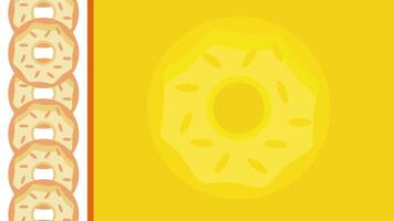 A yellow frosted donut displayed on the right side, with a column of mini donuts forming a side pattern, conveying a cheerful bakery theme. video