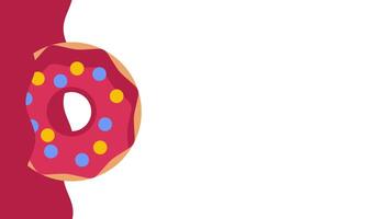 A bright pink frosted donut sprinkled with colorful toppings rests on a vivid red and white background, enhancing its vibrant playful energy video