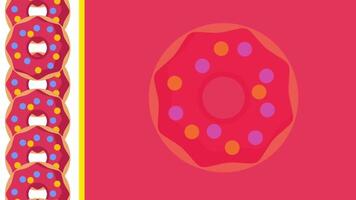 A red frosted donut sits center with a column of repeating donuts to the left, forming a balanced layout with vivid dessert tones. video