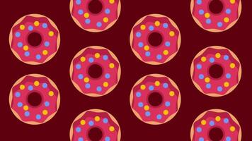 A seamless pattern of pink frosted donuts with sprinkles repeated on a deep red background creating a playful and vibrant dessert texture design. video