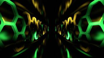 amarelo e verde fantástico corredor com néon iluminação favo de mel fundo vj ciclo dentro 4k video
