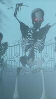 3d render. Attacking skeletons at night in the cemetery. Skeletons with red burning eyes video