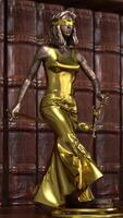 3d render. Blindfolded Lady Justice statue holding golden scales in courthouse setting. video