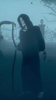3d render. Dark hooded Grim Reaper with glowing red eyes holds scythe in spooky cemetery with gothic crosses and iron gates. Atmospheric horror scene with fog and eerie lighting. Halloween. video