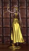 3d rendering . Blindfolded Lady Justice statue holding golden scales in courthouse setting. video
