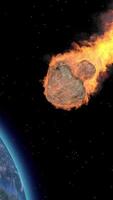 3d rendering. Dramatic asteroid with fiery trail approaching Earth from space. video
