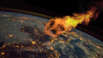 3d render. Dramatic asteroid with fiery trail approaching Earth from space. video